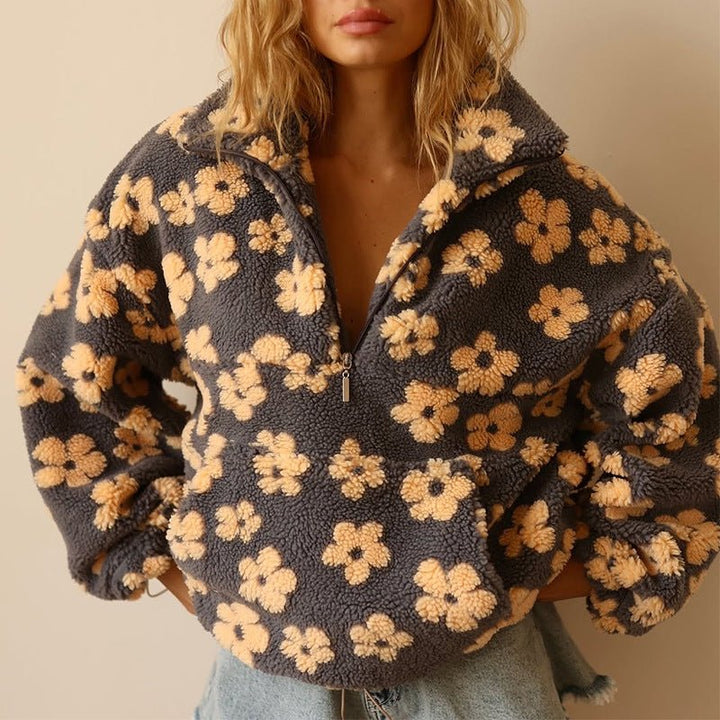 Mabli | Oversized Floral Teddy Fleece Jacket with Half Zip