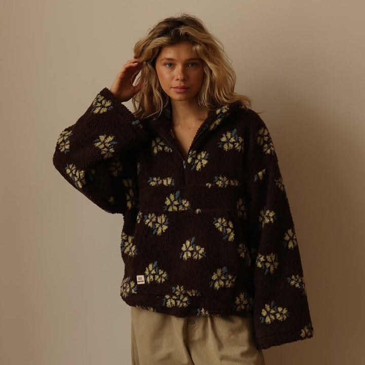 Mabli | Oversized Floral Teddy Fleece Jacket with Half Zip