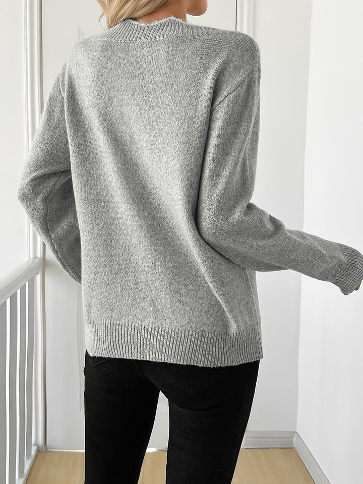 Amoura | Grey Knit Sweater with Bow Detail and V-Neckline