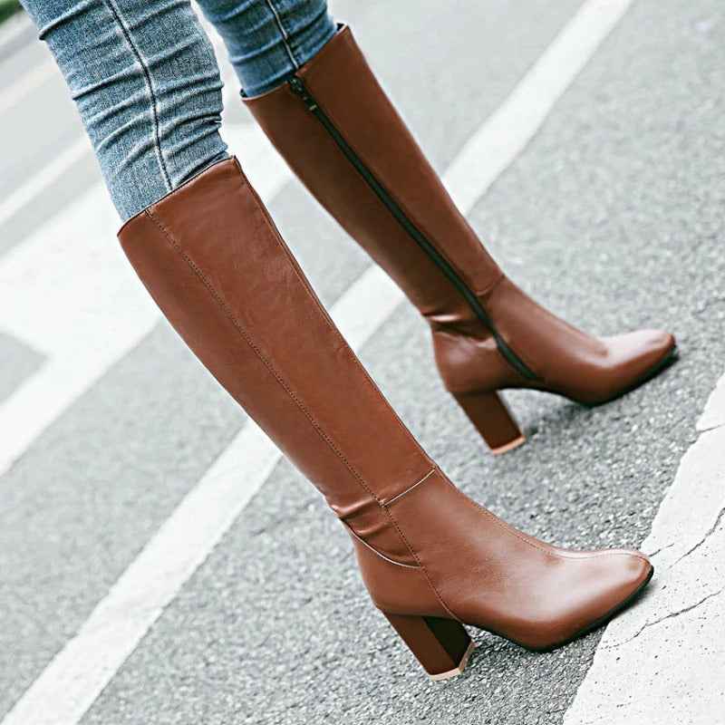 Jade | Heeled Knee High Leather Boots with Side Zip