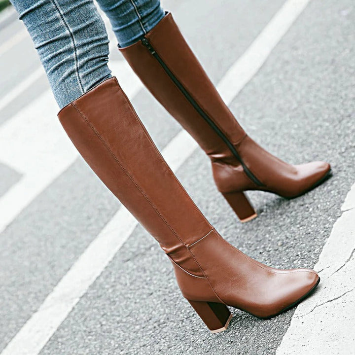 Jade | Heeled Knee High Leather Boots with Side Zip