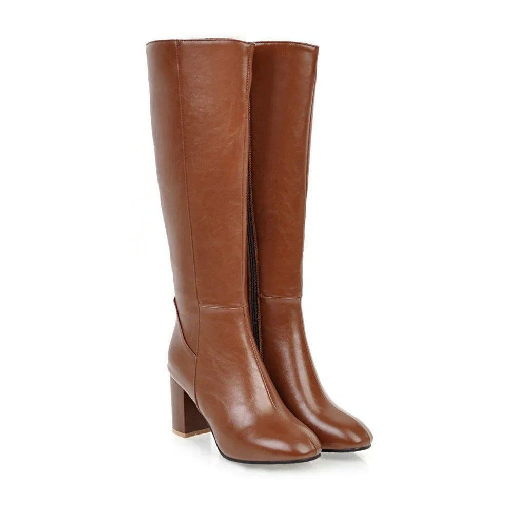 Jade | Heeled Knee High Leather Boots with Side Zip