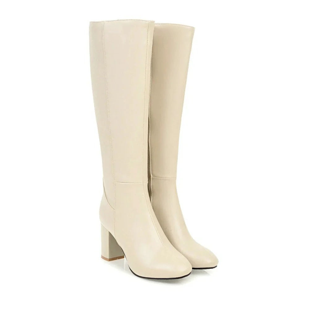 Jade | Heeled Knee High Leather Boots with Side Zip