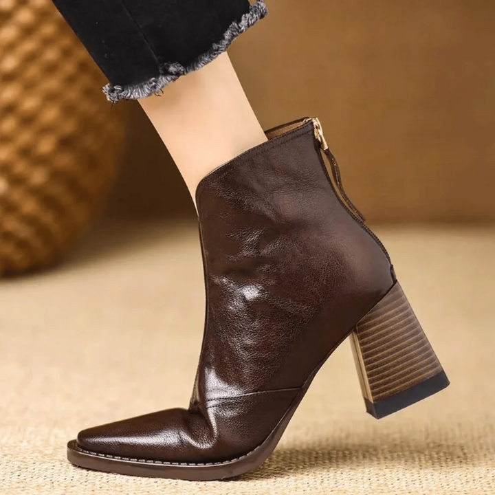 Eira | Heeled Leather Ankle Boots with Block Heel and V-Cut Front