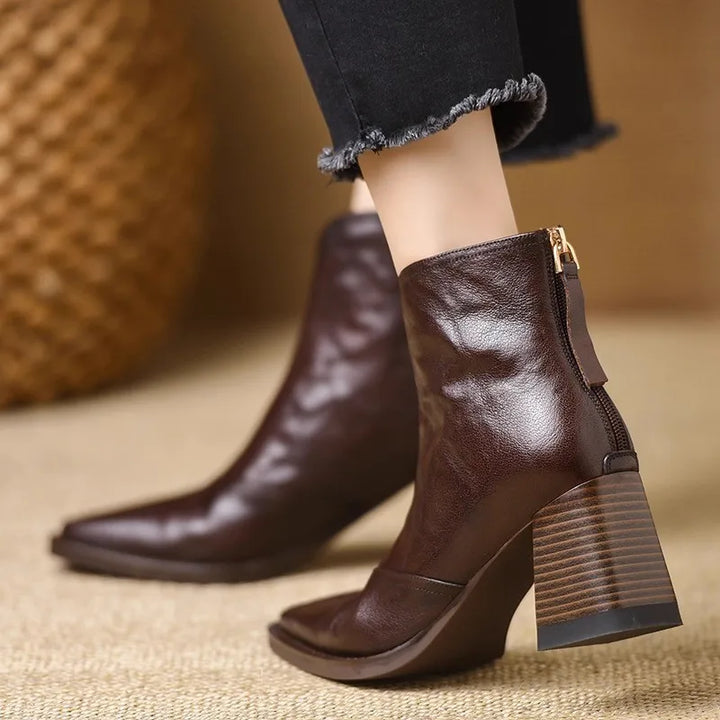 Eira | Heeled Leather Ankle Boots with Block Heel and V-Cut Front