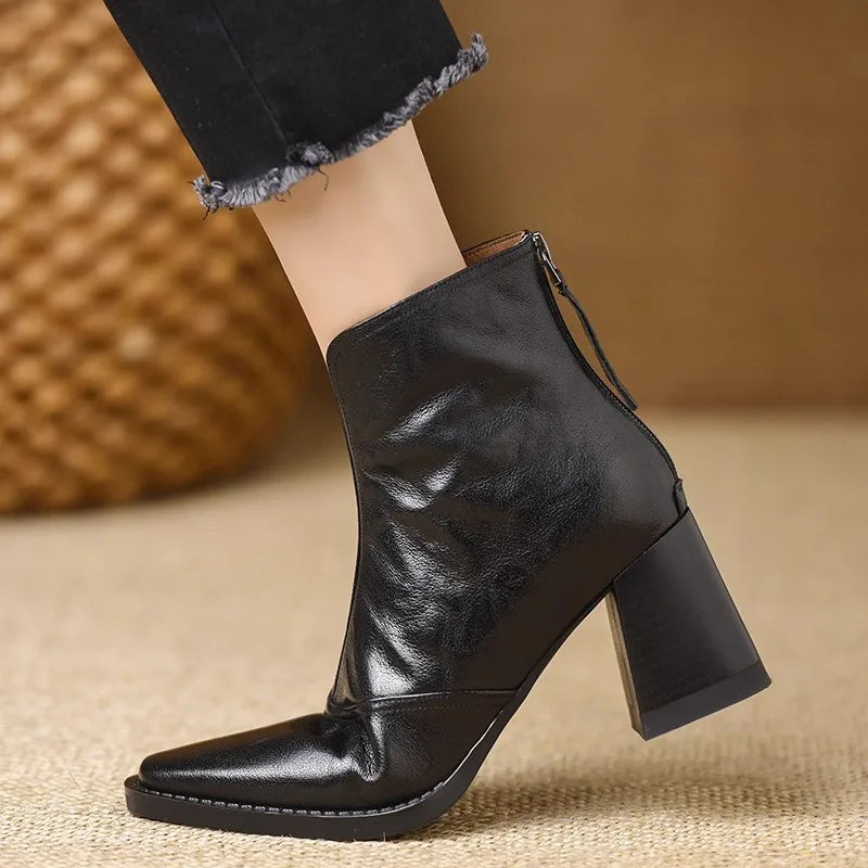 Eira | Heeled Leather Ankle Boots with Block Heel and V-Cut Front