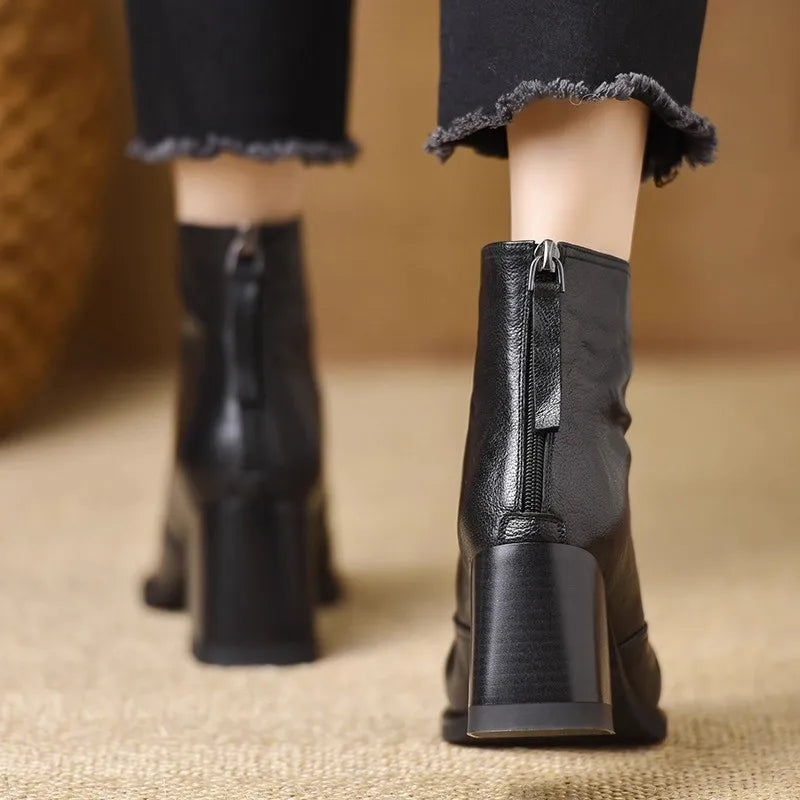 Eira | Heeled Leather Ankle Boots with Block Heel and V-Cut Front
