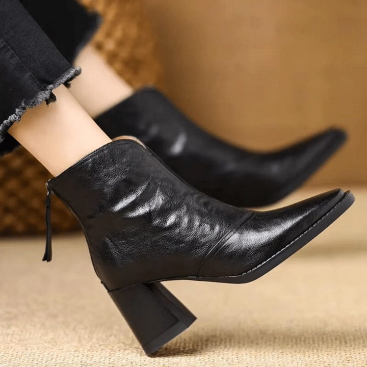 Eira | Heeled Leather Ankle Boots with Block Heel and V-Cut Front