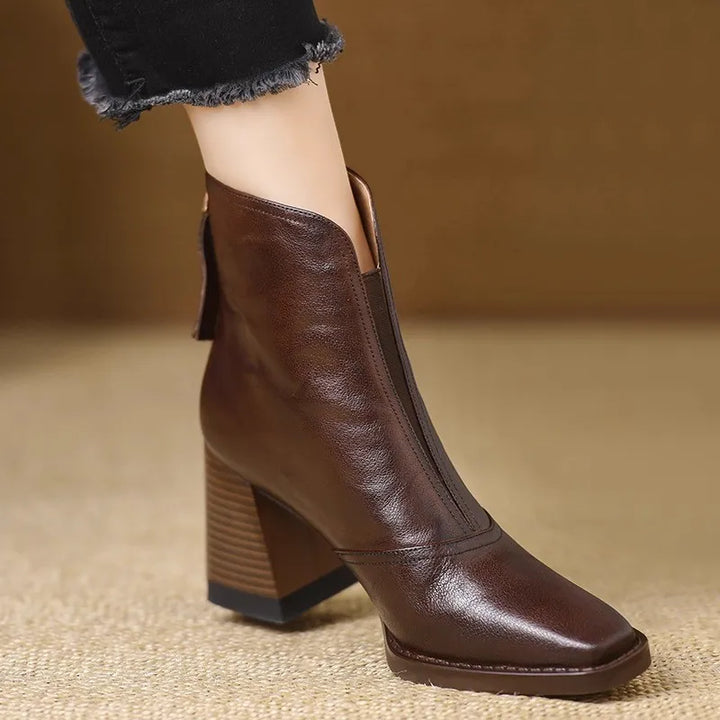 Eira | Heeled Leather Ankle Boots with Block Heel and V-Cut Front