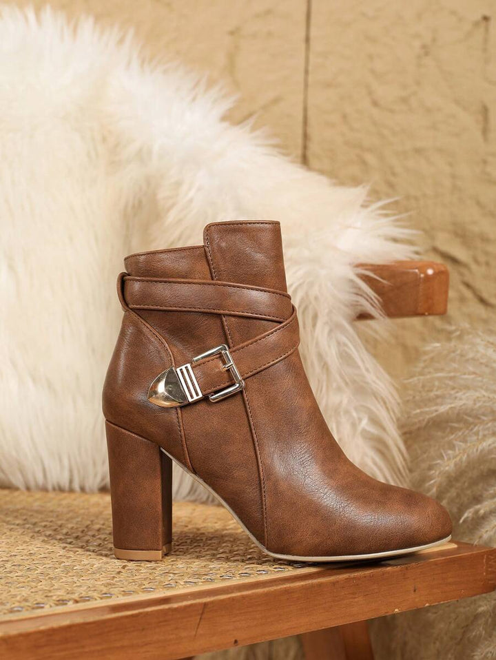 Delilah | Heeled Leather Ankle Boots with Crossover Buckle Strap