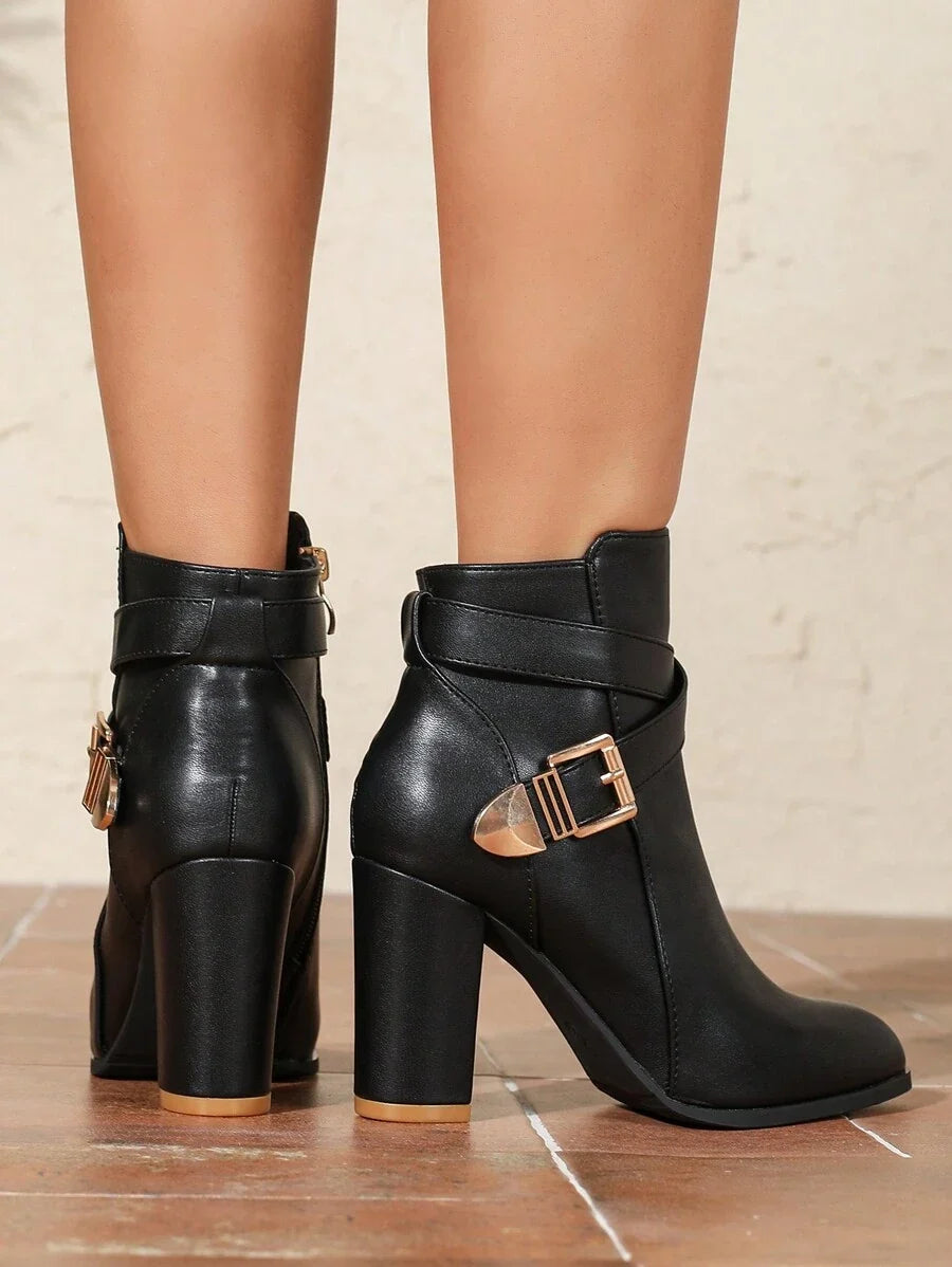 Delilah | Heeled Leather Ankle Boots with Crossover Buckle Strap