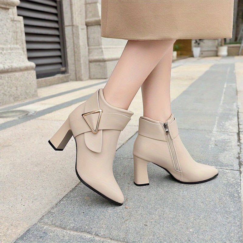 Stevie | Heeled Leather Ankle Boots with Gold Triangle Buckle