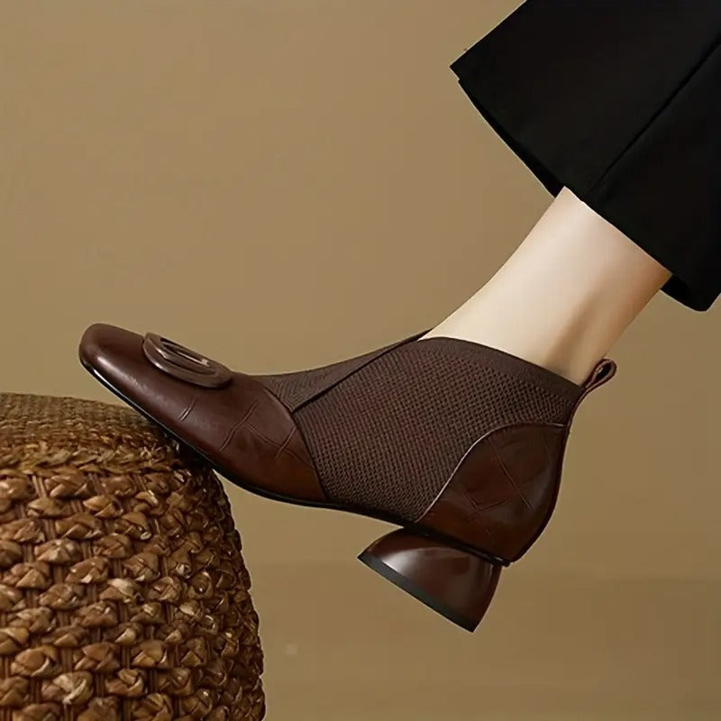 Saira | Heeled Leather Ankle Boots with Knit Panel and Square Toe