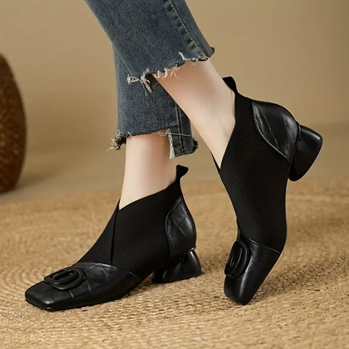 Saira | Heeled Leather Ankle Boots with Knit Panel and Square Toe