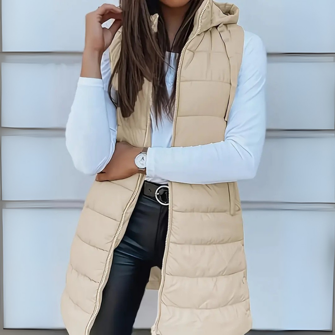 Frances | Hooded Long Puffer Gilet with Zip Front