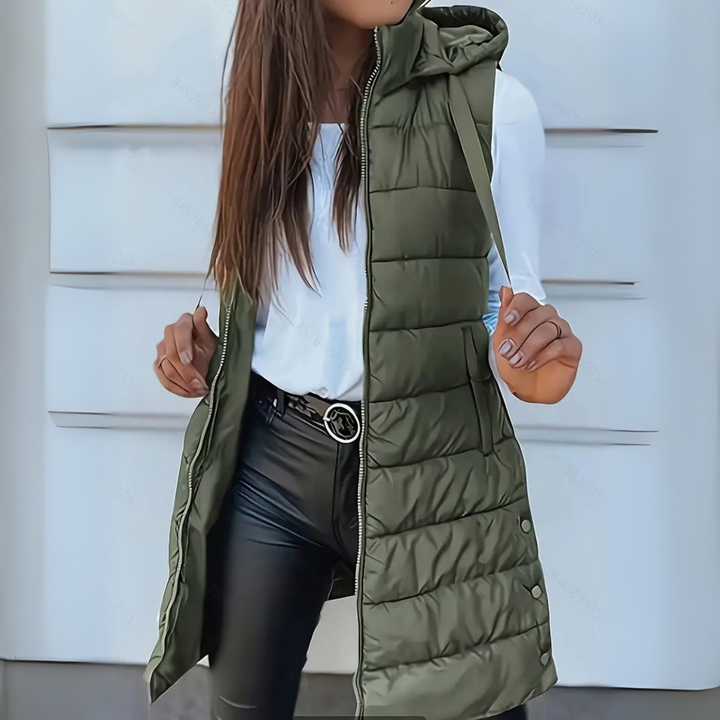 Frances | Hooded Long Puffer Gilet with Zip Front
