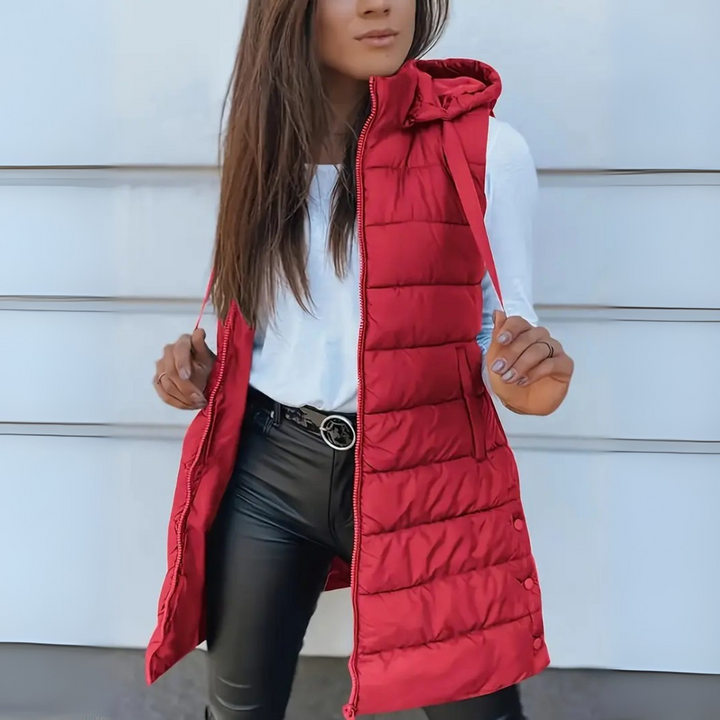Frances | Hooded Long Puffer Gilet with Zip Front