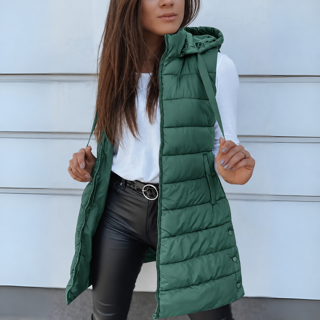 Frances | Hooded Long Puffer Gilet with Zip Front