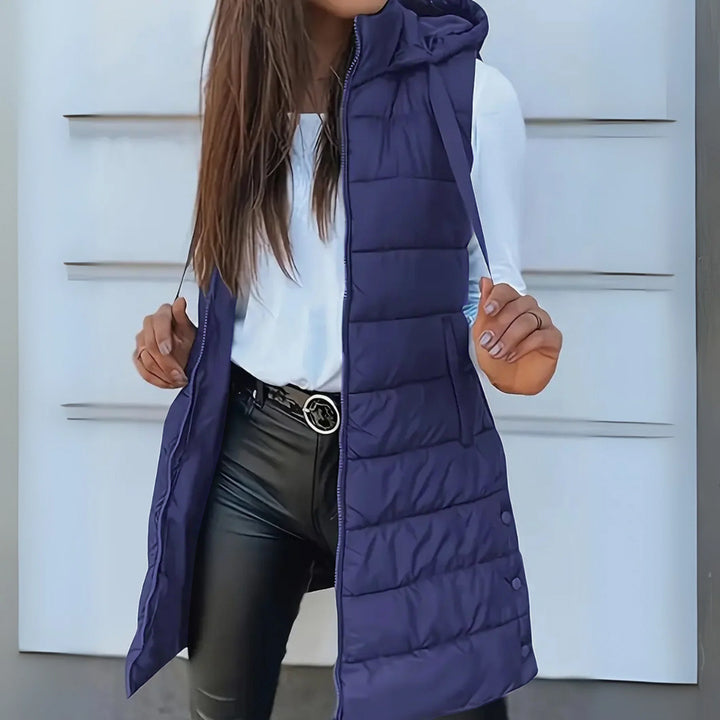 Frances | Hooded Long Puffer Gilet with Zip Front