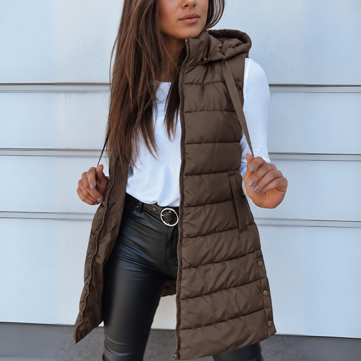 Frances | Hooded Long Puffer Gilet with Zip Front