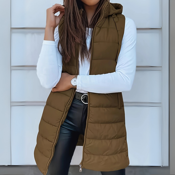 Frances | Hooded Long Puffer Gilet with Zip Front