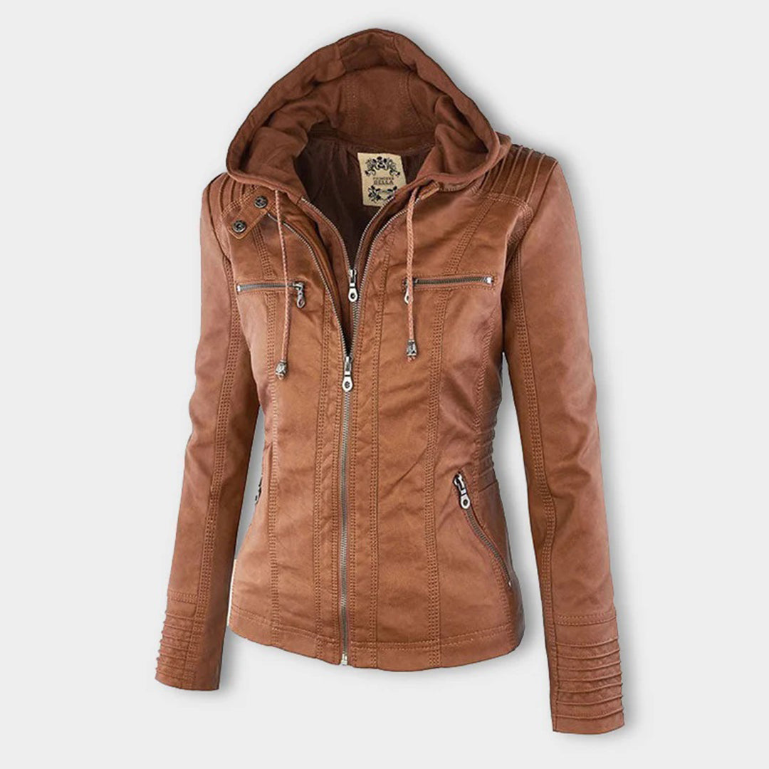 Emily | Women's Leather Biker Jacket with Removable Hood and Zip Detail