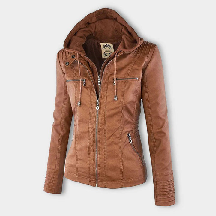 Emily | Women's Leather Biker Jacket with Removable Hood and Zip Detail