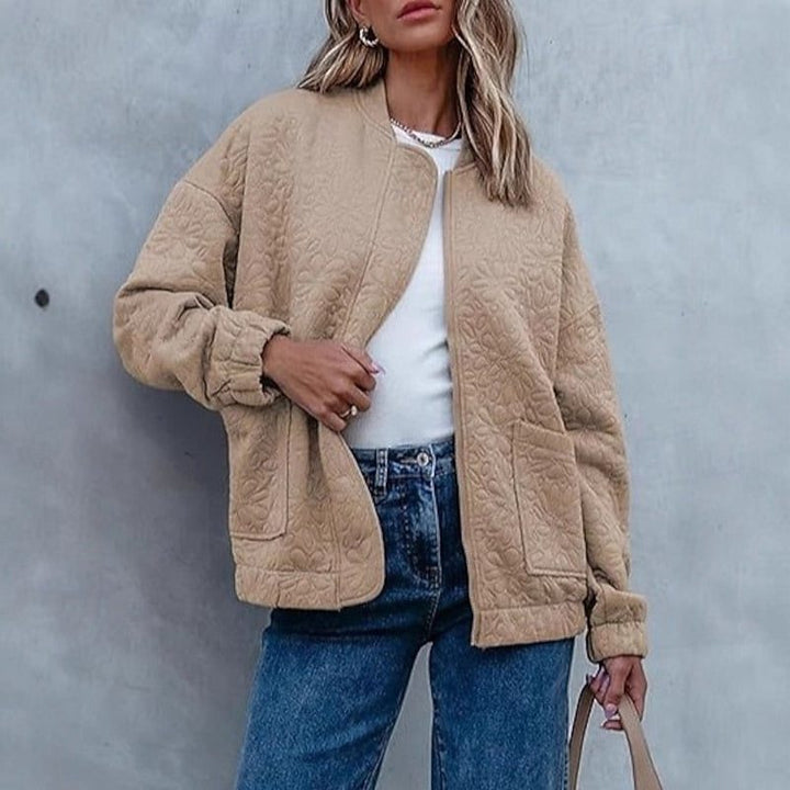 Juliet | Khaki Quilted Bomber Jacket with Floral Texture
