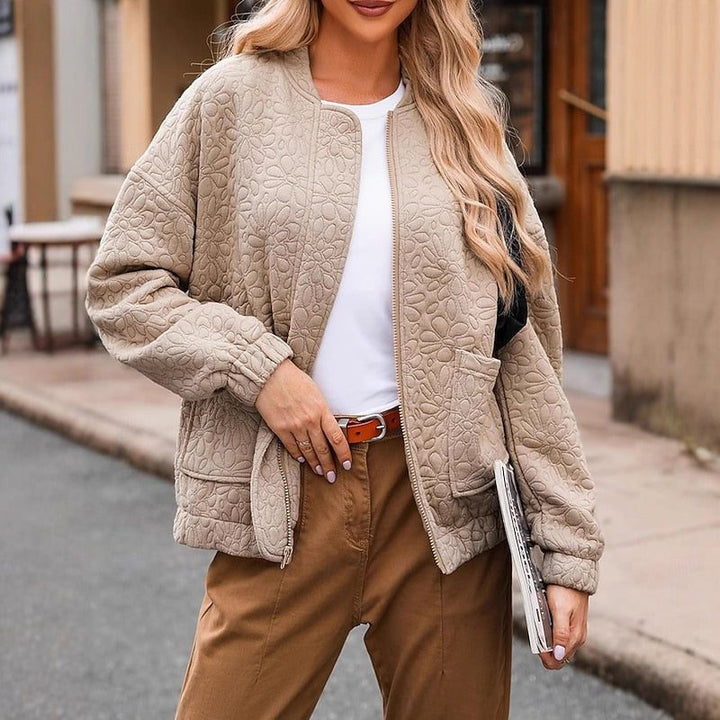 Juliet | Khaki Quilted Bomber Jacket with Floral Texture