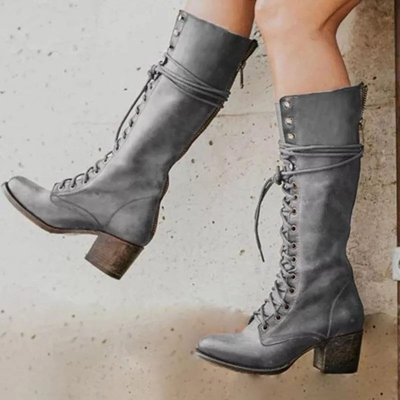 Maliah | Knee High Lace-Up Leather Boots with Block Heel