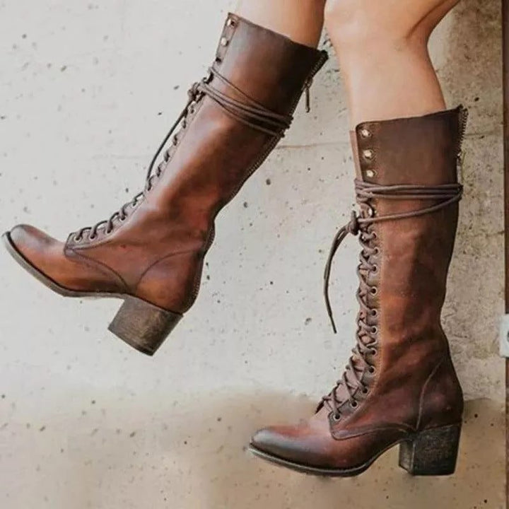 Maliah | Knee High Lace-Up Leather Boots with Block Heel