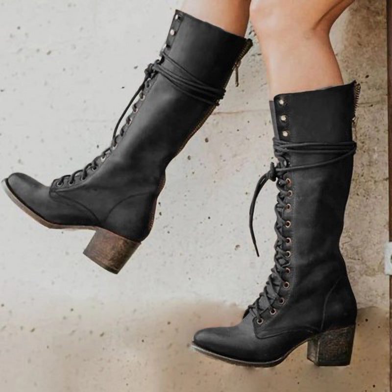 Maliah | Knee High Lace-Up Leather Boots with Block Heel