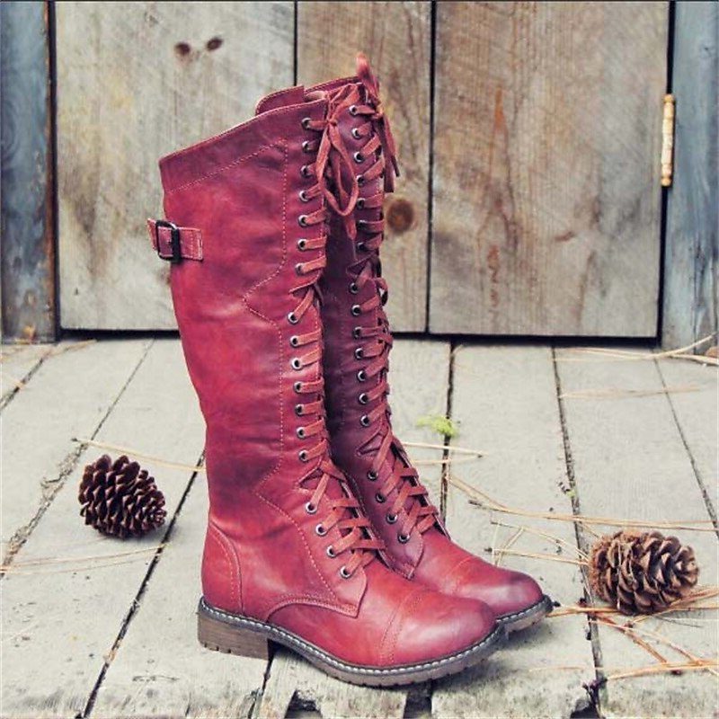 Indiana | Knee High Lace-Up Leather Boots with Side Buckle