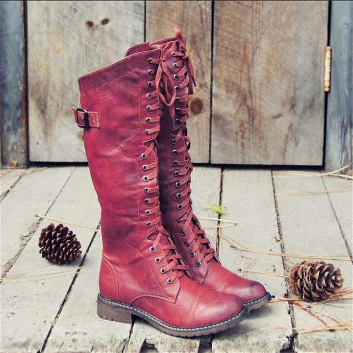 Indiana | Knee High Lace-Up Leather Boots with Side Buckle