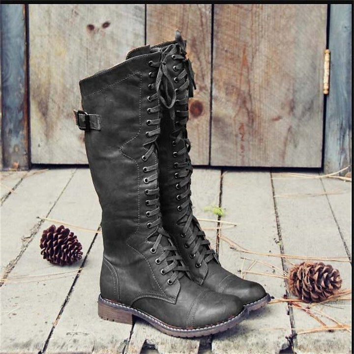 Indiana | Knee High Lace-Up Leather Boots with Side Buckle
