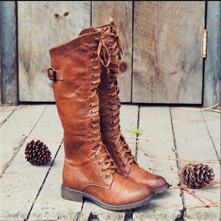 Indiana | Knee High Lace-Up Leather Boots with Side Buckle