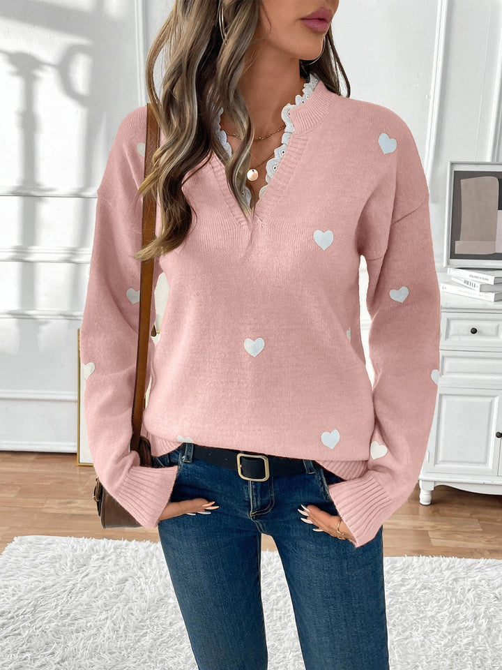 Maya | Knit Sweater with Heart Print and V-Neckline