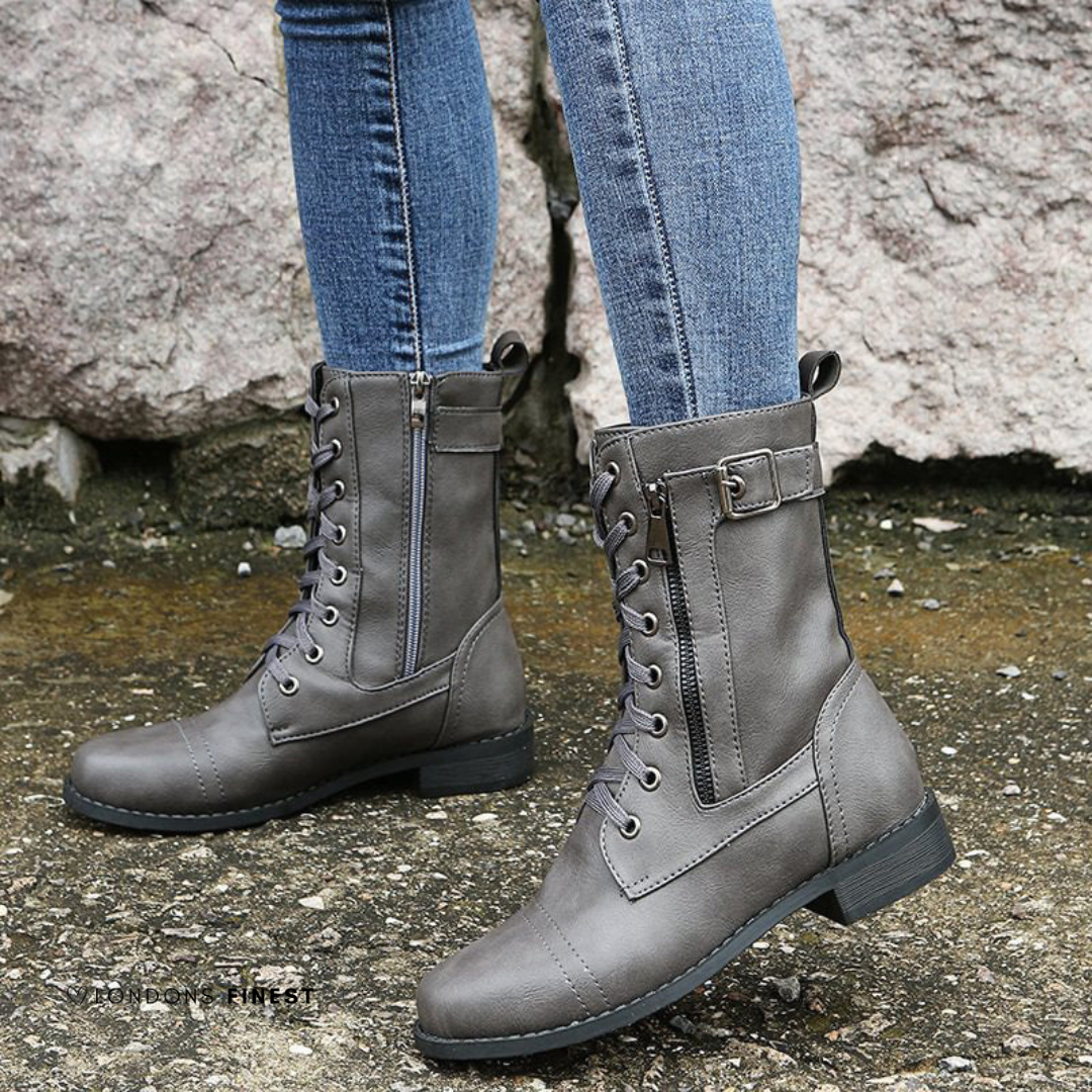 Elsie | Lace Up Leather Combat Boots with Buckle Strap