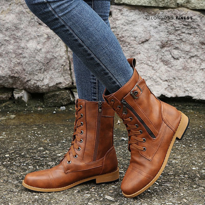 Elsie | Lace Up Leather Combat Boots with Buckle Strap