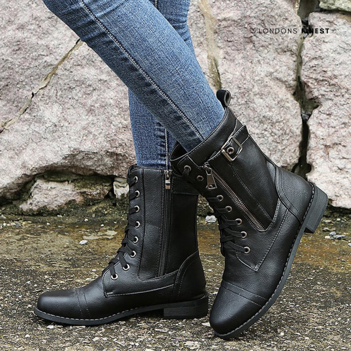 Elsie | Lace Up Leather Combat Boots with Buckle Strap