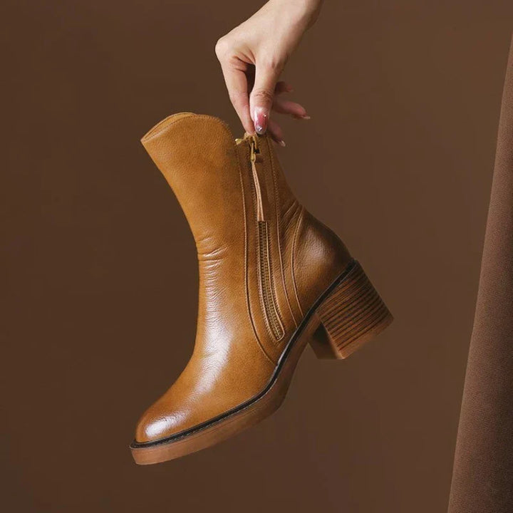 Elora | Leather Heeled Ankle Boots with Block Heel and Tassel Zip