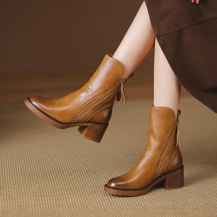 Elora | Leather Heeled Ankle Boots with Block Heel and Tassel Zip
