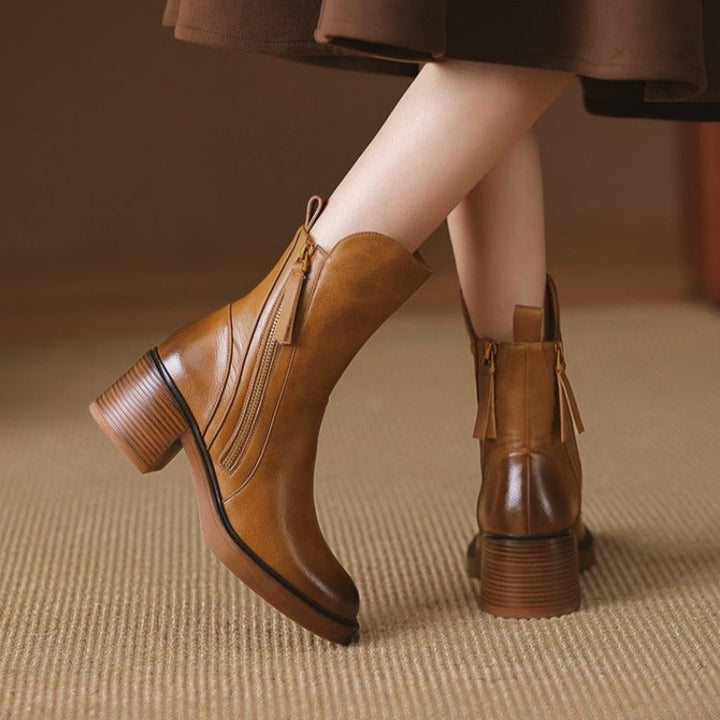 Elora | Leather Heeled Ankle Boots with Block Heel and Tassel Zip