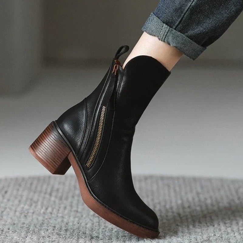 Elora | Leather Heeled Ankle Boots with Block Heel and Tassel Zip