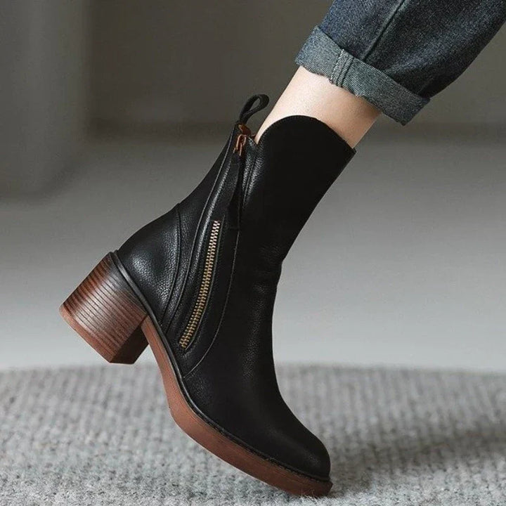 Elora | Leather Heeled Ankle Boots with Block Heel and Tassel Zip