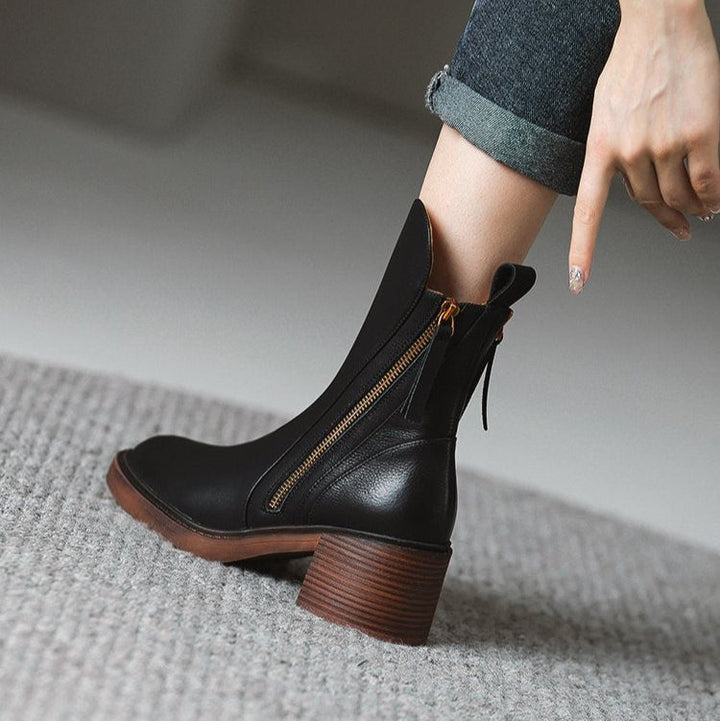Elora | Leather Heeled Ankle Boots with Block Heel and Tassel Zip