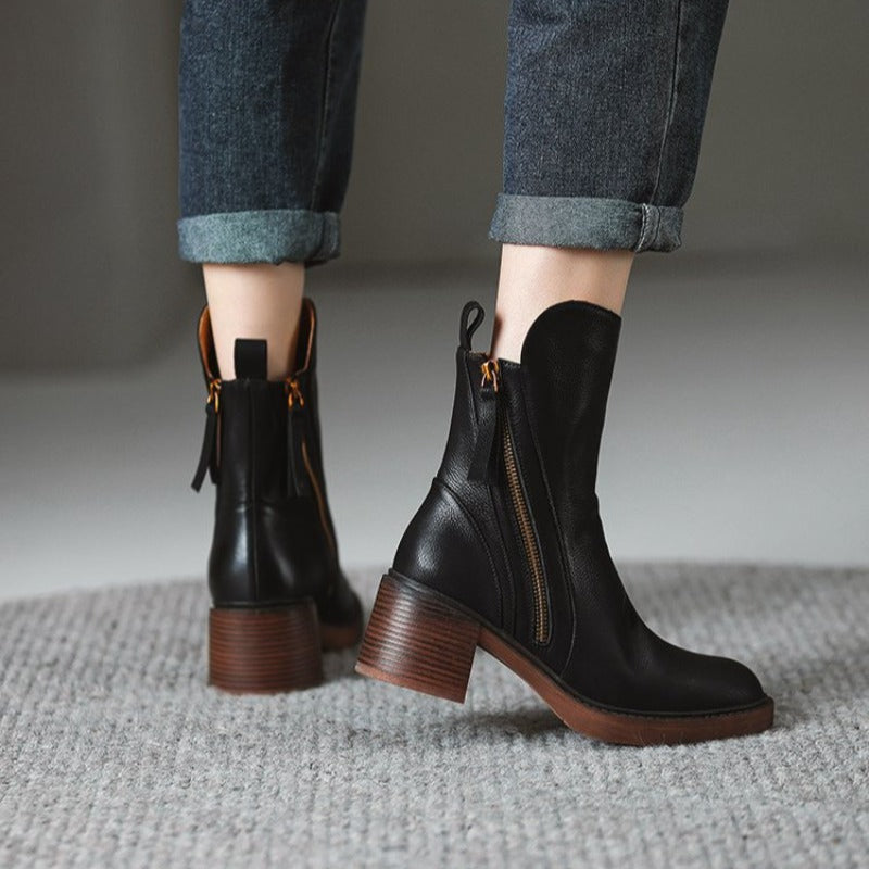 Elora | Leather Heeled Ankle Boots with Block Heel and Tassel Zip