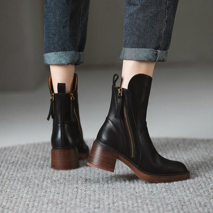 Elora | Leather Heeled Ankle Boots with Block Heel and Tassel Zip