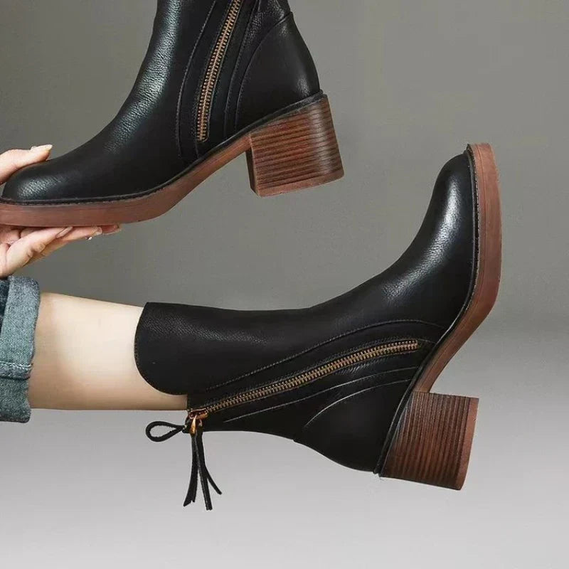 Elora | Leather Heeled Ankle Boots with Block Heel and Tassel Zip