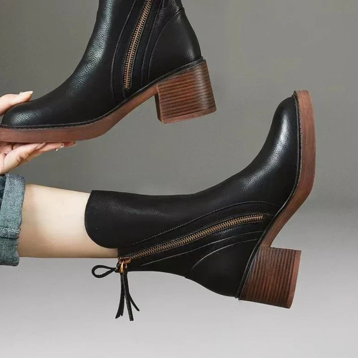 Elora | Leather Heeled Ankle Boots with Block Heel and Tassel Zip